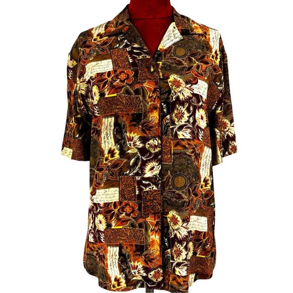 Vintage short sleeve blouse top 100% silk brown gold maroon shirt by TESS size S - Picture 1 of 8
